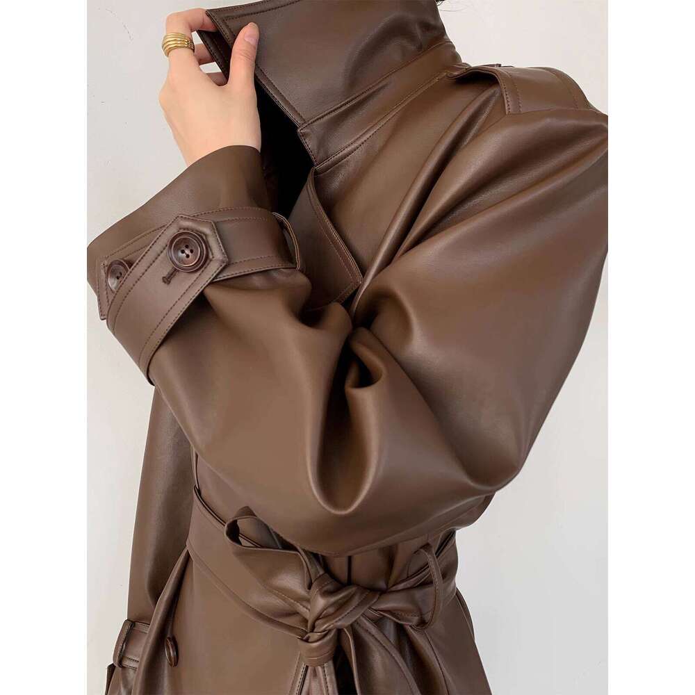 Retro Trench Coat Long Brown Leather Jacket For Women New Model Luxury