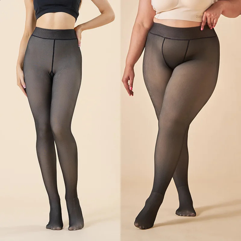 Plus Size Womens Fleece Warm Winter Tights Leggings Thick Fleece Panty Fake Translucent Pantyhose Thermal Stockings Woman251210