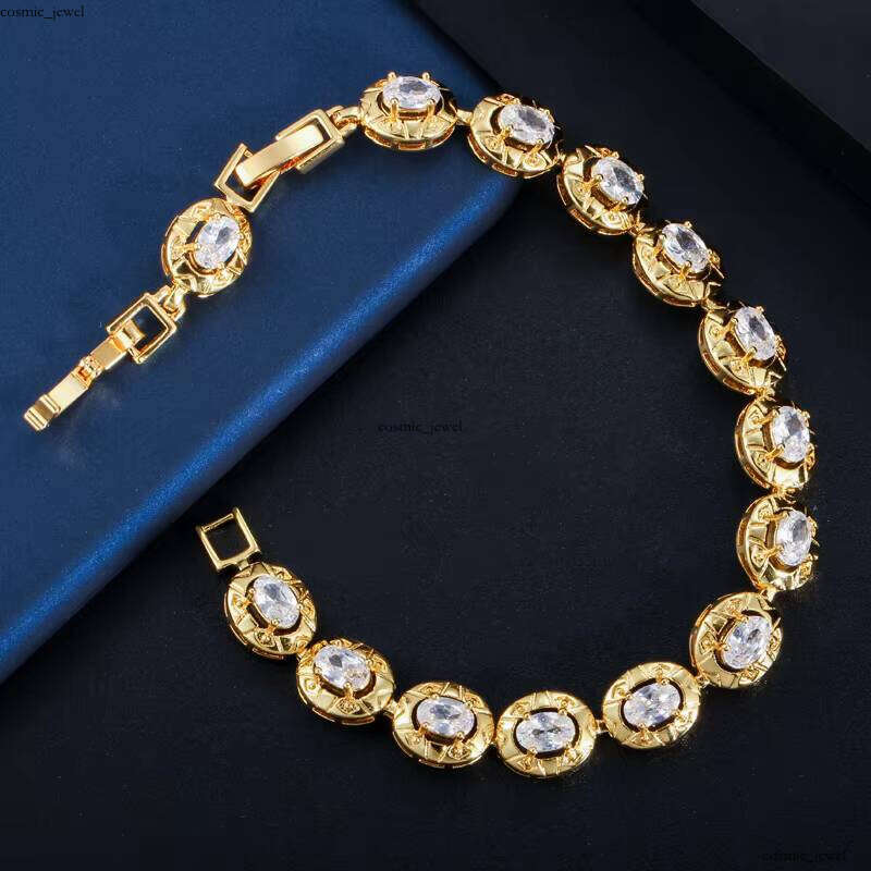 Chic Fashion Gold Color Oval Cut Jewelry Transparent Round Cubic VVS Moissanite Tennis Bracelet Women's Party Gift