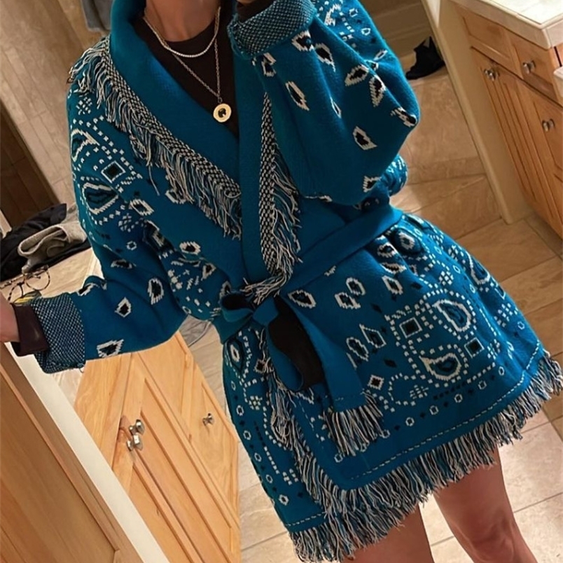 Women Tassel Patchwork Printed Cardigan Geometric Patterns Belts V-neck Long Sleeve Knitted Casual Lady Sweater 2025 Autumn Coat 251124ww
