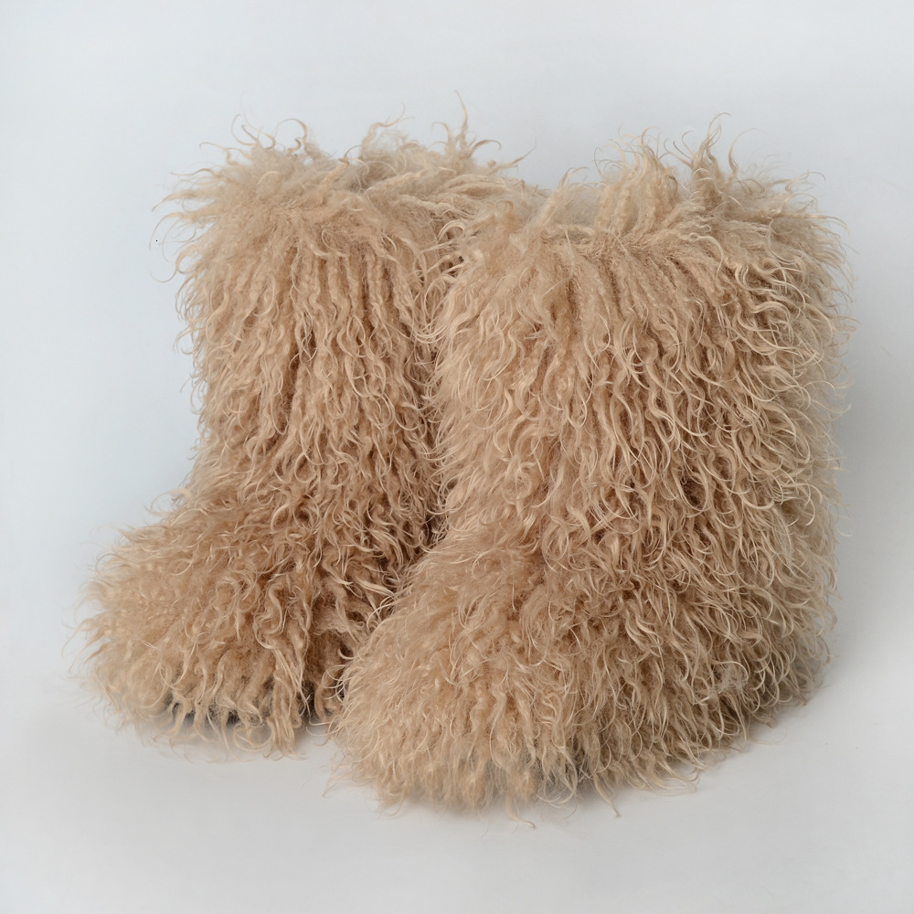 Fashionable and elegant women's fur snow boots anti slip and warm artificial wool winter women's mid length boots leather snow boots desig