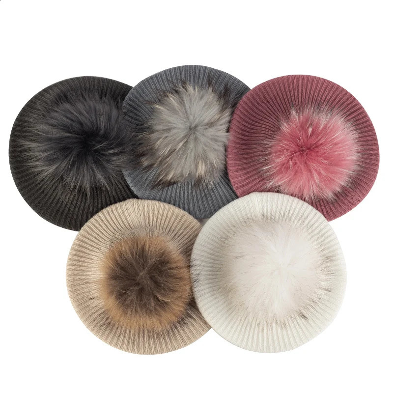 Womens Knitted Elegant Berets Soft With Real Pompom Female Artist Fashion Retro Hats Lady Solid Color French Simplicity Caps 251209