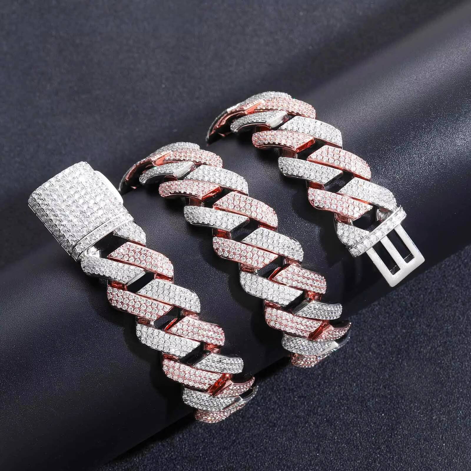 20MM Two Color Mosaic Rose Gold Three Row White moissanite Cuban Necklace Hip-hop Personality Mens Jewelry
