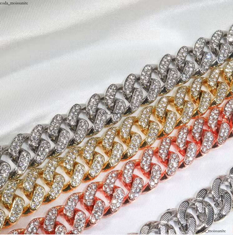 VVS Moissanite Unisex Hip-Hop Fashion Geometric 12mm Gold-Plated Cuban Chain Bracelet, Rhinestone Silver / gold