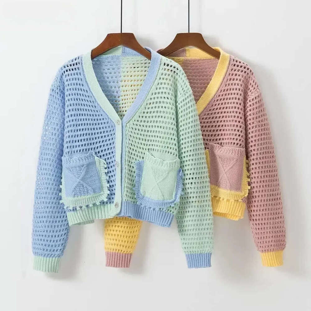 Vintage Hollow Out Cardigans Women V-Neck New Design Panelled Cropped Sweaters All-Match Fashion Ins Kpop Young Sweet Girls Knit