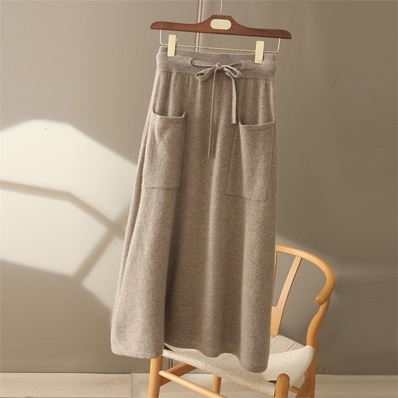 Autumn And Winter100 Pure Wool Skirt Womens Long Pocket Small A Skirt High Waist Slim Cashmere Knit A-Line Skirt251129ww