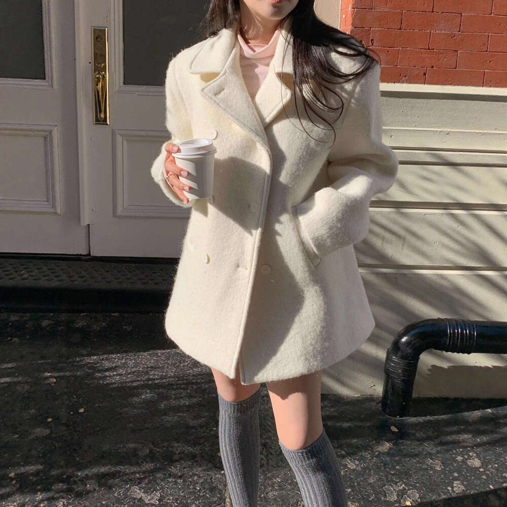 Korean INS Winter Versatile French Style Gentle Elegant Double-Breasted Wool Coat Thick Overcoat B5
