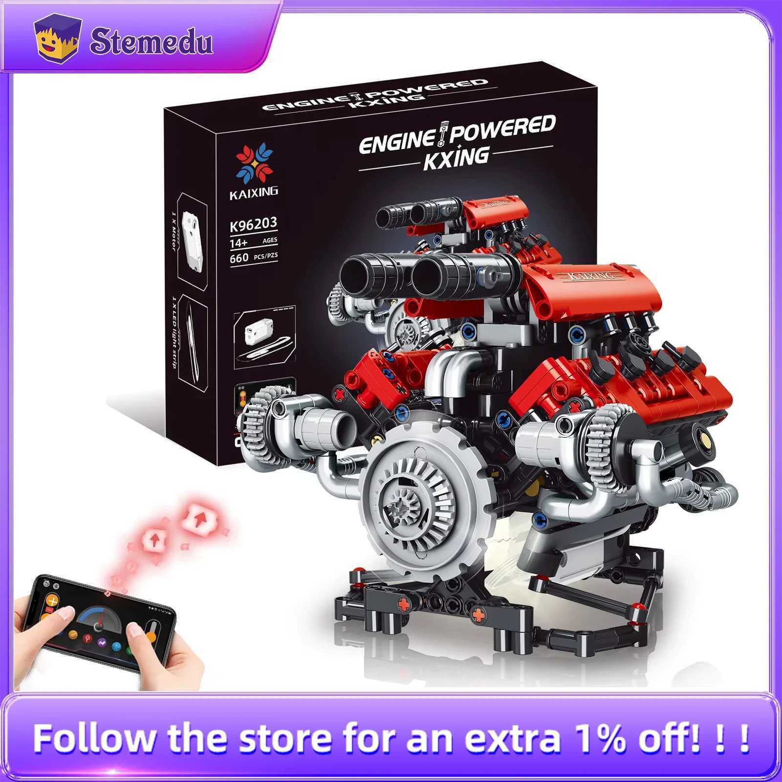 660PCS Technical The Motorzed V8 K96203 APP Programmable Car Part Building Block Engine Model Set LED Light Assembly Brick Toys K260311-image-1097063766