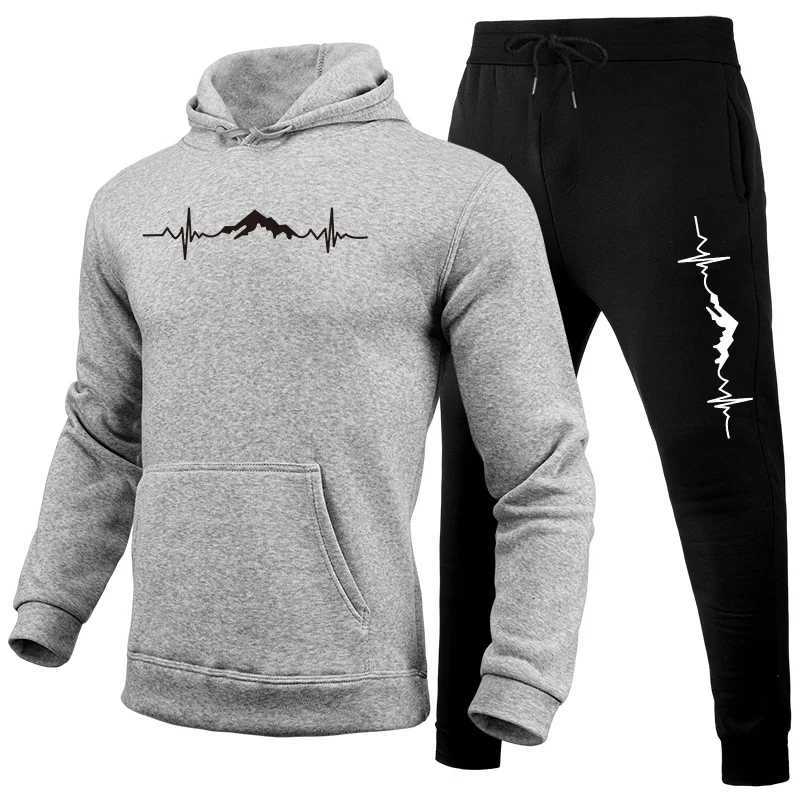Solid Color Sportswear 2pcs Set Hoodies Black Sweatpants Mountain Print Tracksuit Mens Daily Casual Sports Hooded Jogging Suits M251210
