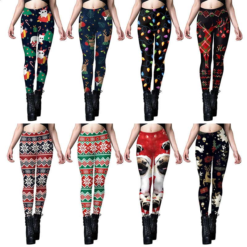 Womens Christmas element printed casual leggings polyester spandex blended elastic waist fleece autumn and winter clothing 251204