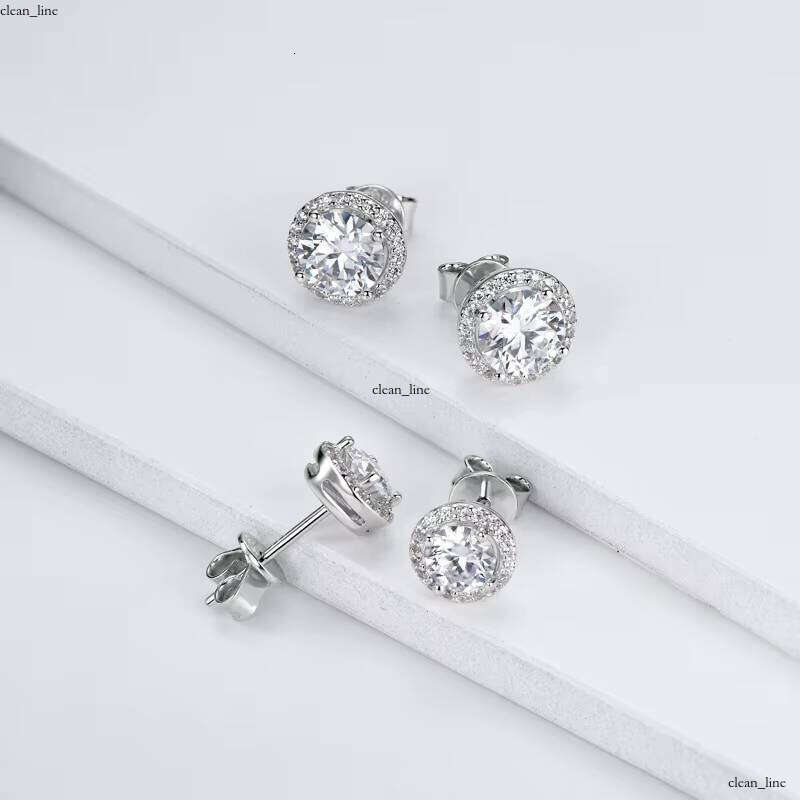 VVS Moissanite Hot Sale Classic Silicon Stone 925 Silver 14k White Gold Plated Round Cut 5mm 0.5ct Stud Halo Earrings