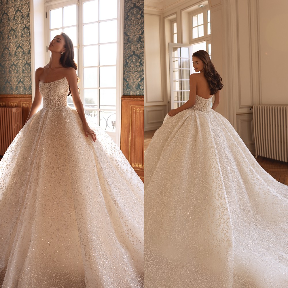 Elegant Ball Gown Wedding Dress Strapless Sleeveless Bridal Gowns Lace Sequins Beaded Sweep Train Dresses Custom Made vestidos de novia