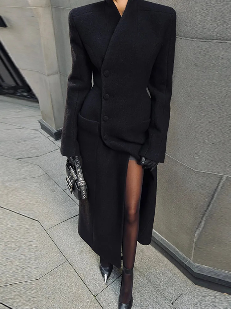 Elegant Solid Woolen Womens Long Coat Fashion High Neck Wide Shoulder Long Sleeve Jacket Autumn Winter Lady Outerwaer Street 251209