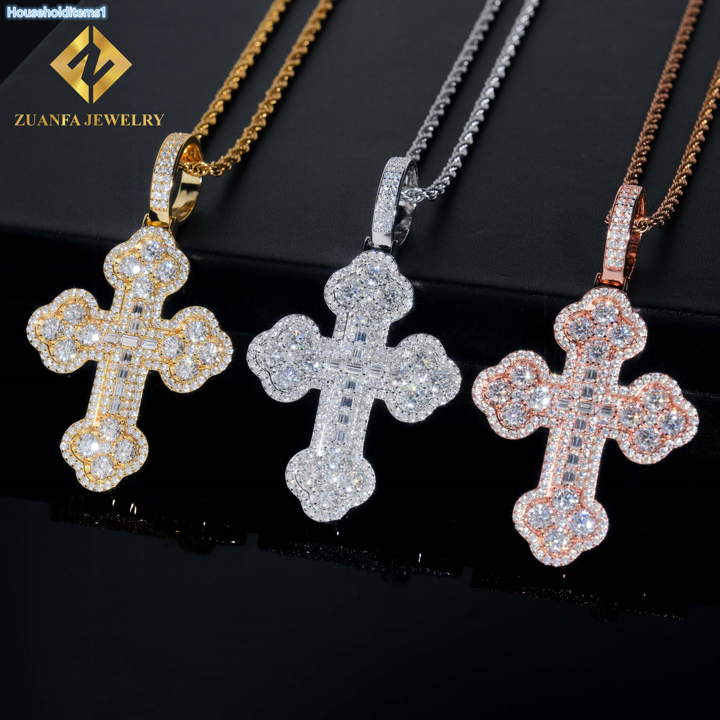 Drop Shipping New Arrivals Stock Iced Out Fire Hip Hop Jewelry 925 Silver Baguette Moissanite Diamond Cross Pendant Necklace