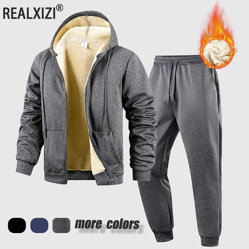 Mens Suit Two-Piece Tracksuit Plush Thickened Warm Sports JacketTrousers Sports Suit Winter Outdoor Casual Hoodie Sportswear251210