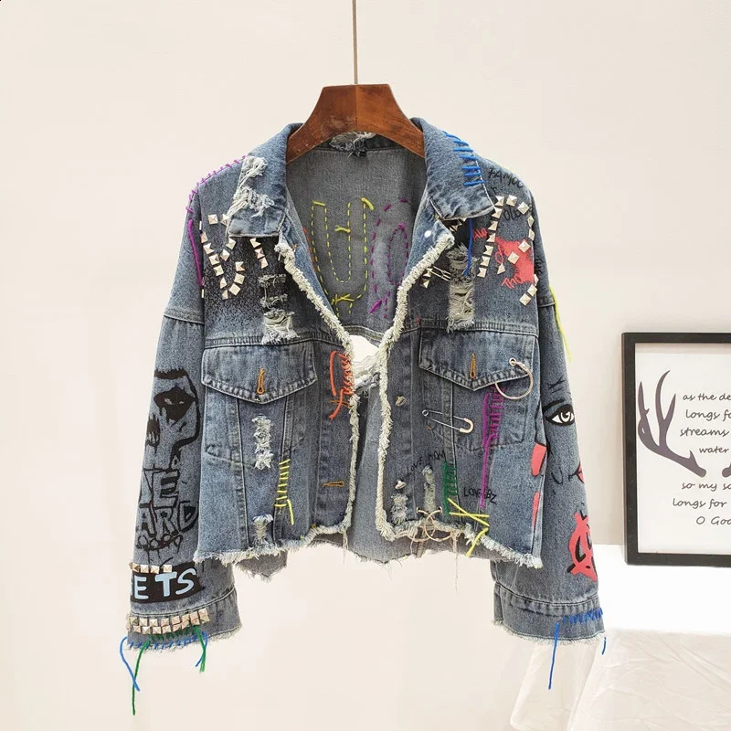 2025 Spring Autumn Women Street Fashion Graffiti Denim Jacket Female Short Frayed Raw Cut Rivet Jacket Fringe Jean Coat Outwear 251201