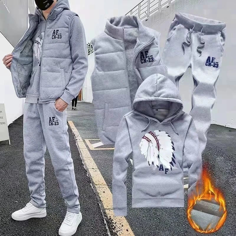 3 Pieces Set HoodiesVestPants Casual Mens Track Suit Clothing Coats Winter Thick Warm Tracksuit for Men Printed Mens Set Vest 251205