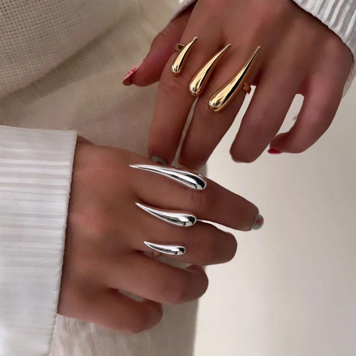 Uworld Minimalism 18k Gold-Plated Color Stainless Steel Exaggerated Claw Ring Stackable Lines Double Finger Ring Womens Jewelry251209