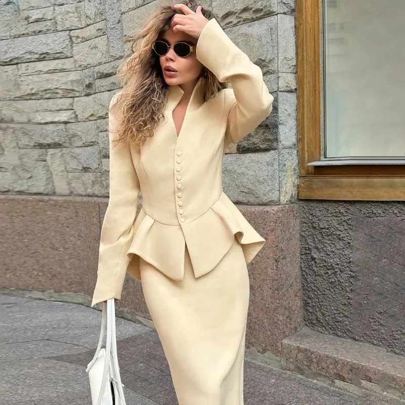 Solid Color Button Ruffled Long-sleeved Top Womens Slim Skirt Suit 251205