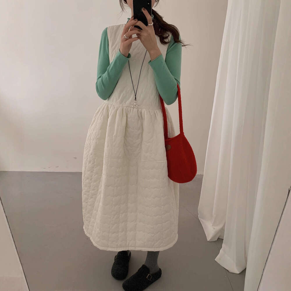 INS Winter New Korean Style Quilted Warm Layered Vest Dress + Macaron Color Base Long Sleeve T-Shirt Set B5