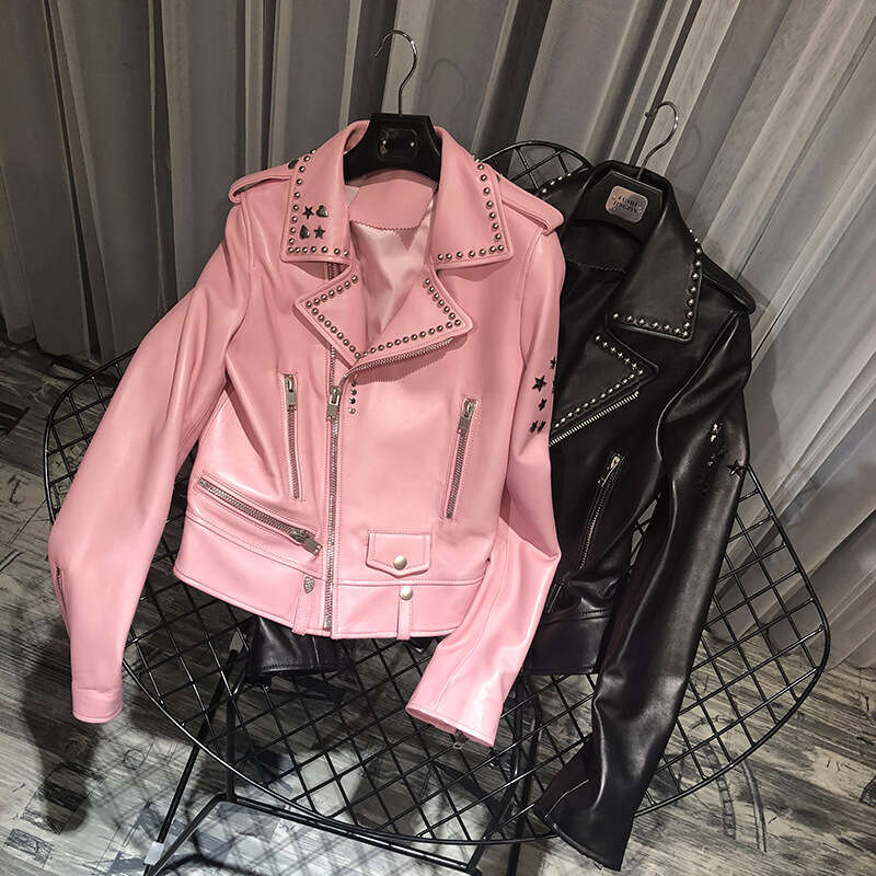 New Rivet Spring And Autumn Women S Leather Jacket Short Slim Genuine Sheepskin Motorcycle Trend Luxury