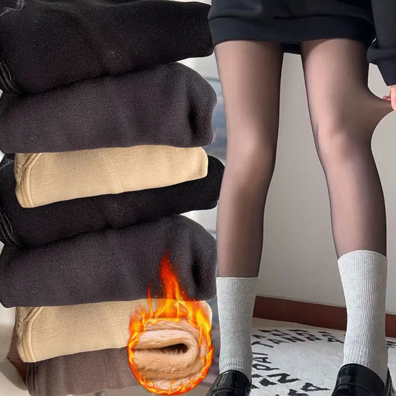 Woman Thermal Tights Sexy Translucent Fleece Leggings Pantyhose Slim Winter Warm Thick Velvet Stockings Female Streetwear Pants251210