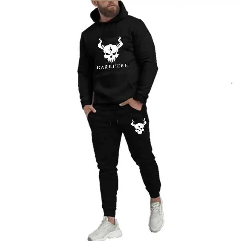 Autumn Men Black White Print Casual 2PC Sets Personality Trend Sweatshirt Street Fashion Sports Suit Hoodie Top Slim pant Spring M251210