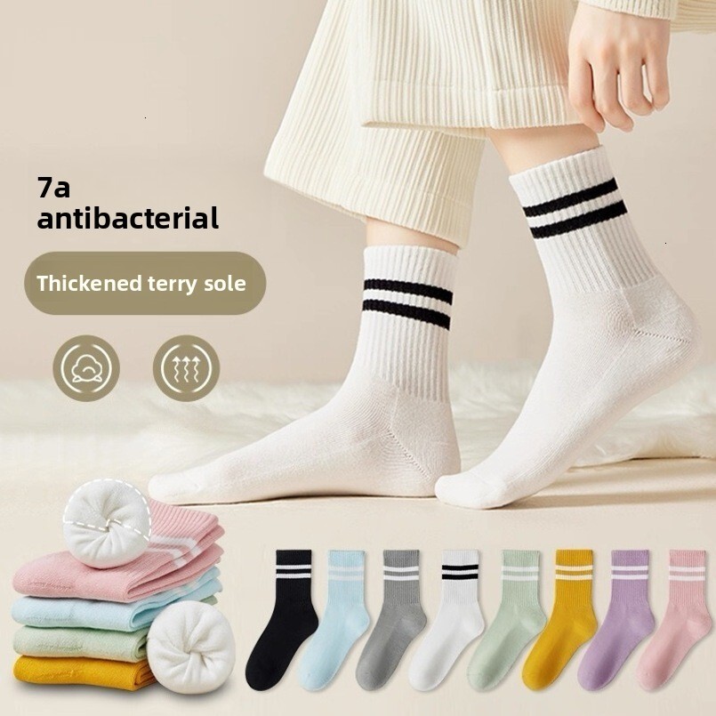 Yilu Cross-Border Thick Terry for Women, Autumn and Winter Candy Color Striped Fleece-Lined Thickened Mid-Calf Warm Floor Maternity Socks