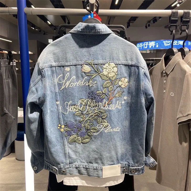 Gmiixder Vintage Flower Embroidery Denim Coat 2025 Autumn Mens Fashionable Slim Fit Casual Letter Embroidered Jeans Jacket 251201