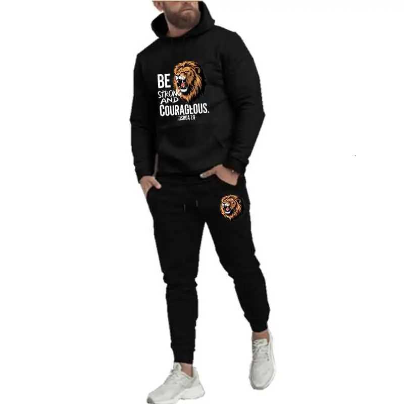 Spring Autumn Men lion Print Casual 2PC Sets Personality Sweatshirts Street Fashion Sports Suit Hoodie Tops Slim pant M251210