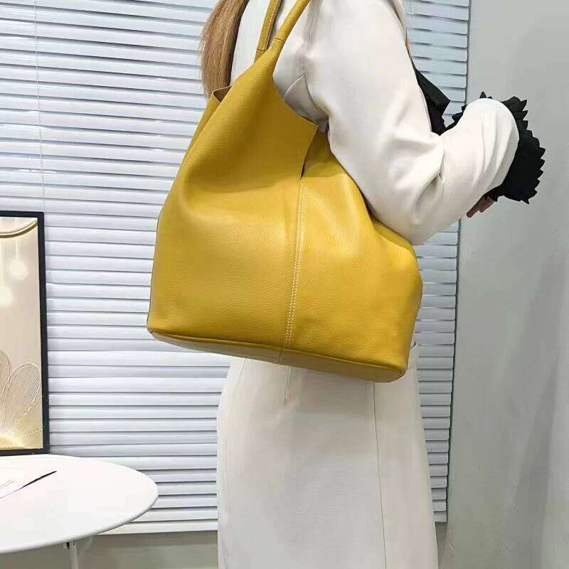 Genuine Grade Leather Women Commuter Ladies Soft Cowhide Tote Shoulder Handbag Large Female Bucket Bag Luxury Designer Bags 2a