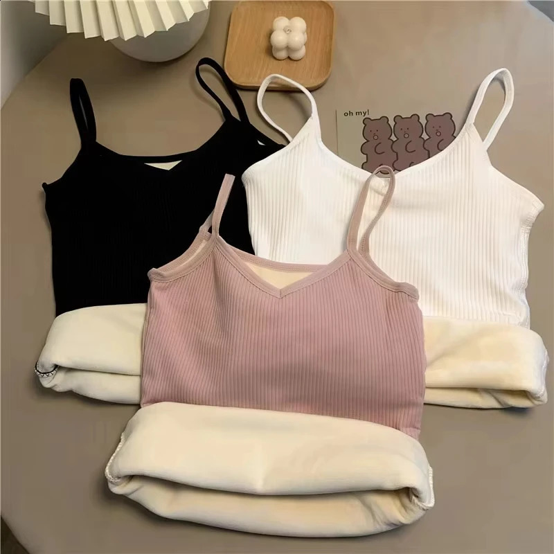 Women Winter Warm Underwear Solid Color Thermal Casual Nightwear Sexy Elasticity Female Thin Velvet T-shirt Sleeveless Tops 251205