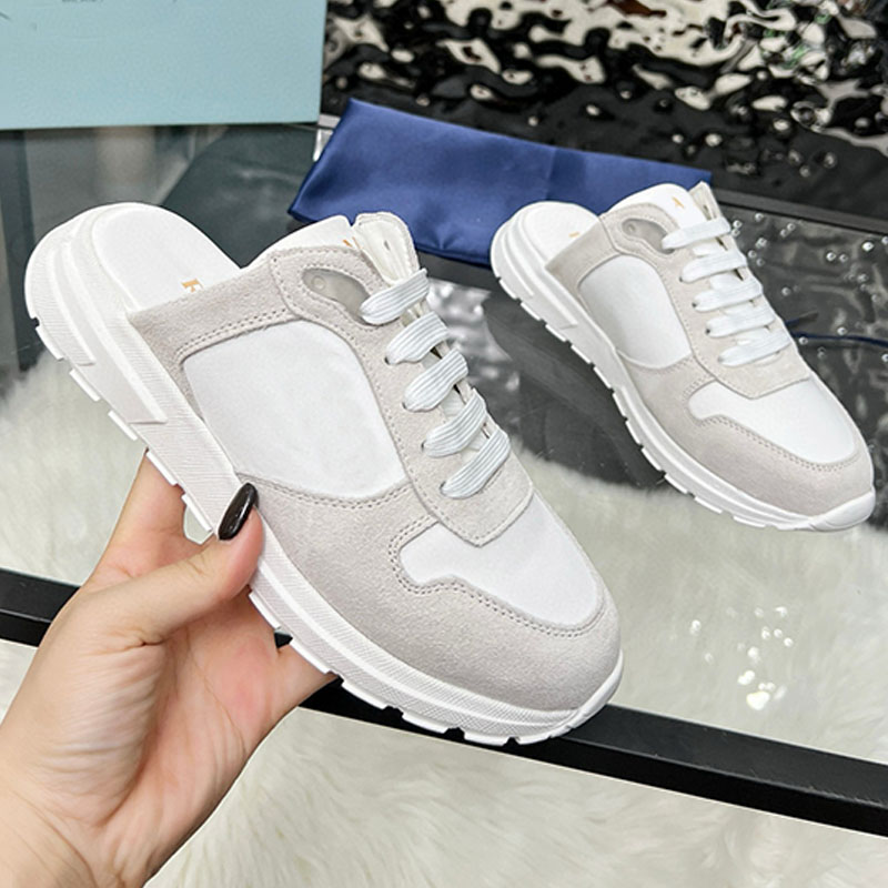 Nappa Leather Sneaker Mules Womens Designer Leather Color Blocked Lace Half Dragged Mule Side Classic Geometric Shapes Pattern Fashionable Casual St