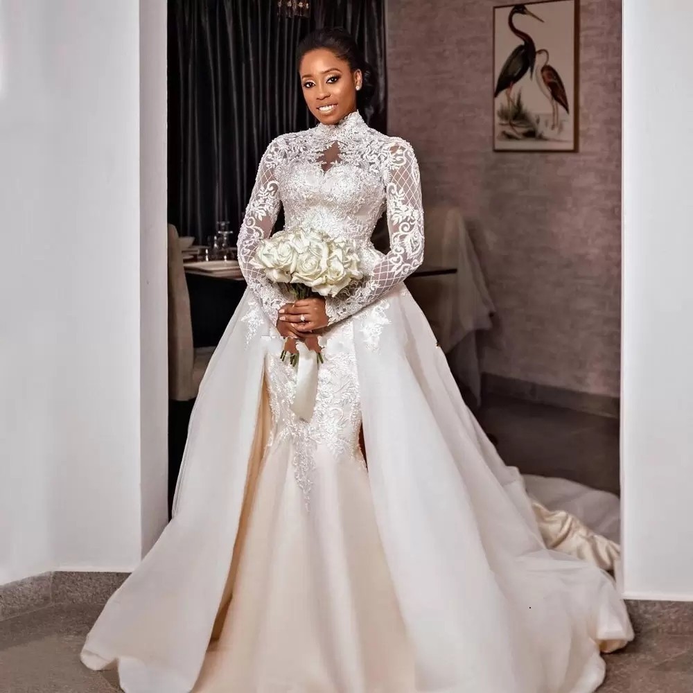 Graceful Lace A Line Wedding Dresses Beaded High Neck Plus Size Bridal Gowns With Detachable Train Long Sleeves Tulle Vestido De Novia 1210