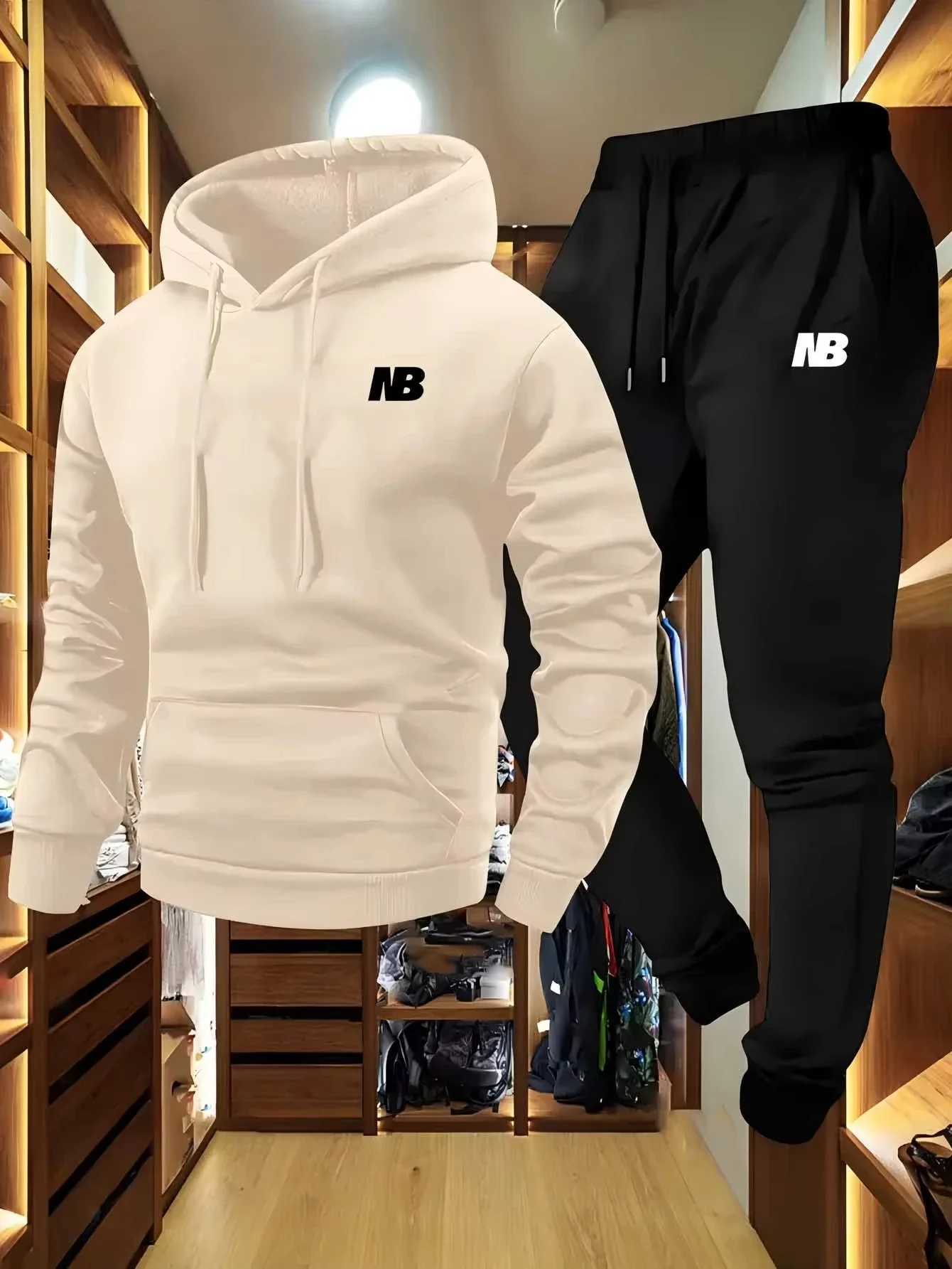 Mens two-piece luxury sports sweatshirt and trousers grey and black regular pocket autumn and winter sweatshirt M251210