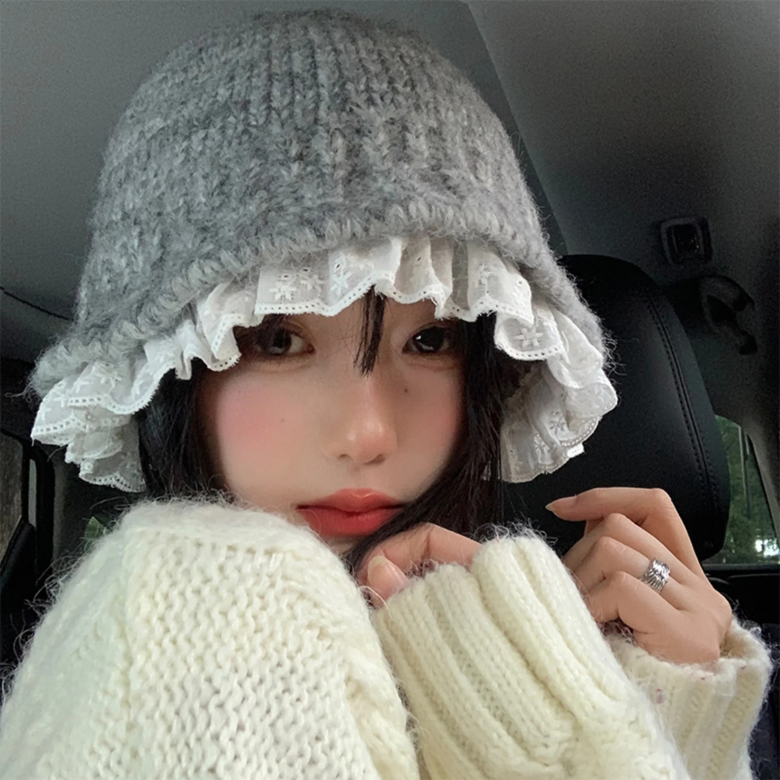 1PC Knitted Fisherman Hats Lace Trim Korean Lazy Style Winter Warm Bucket Face Slimming Versatile Woolen Caps For Women 251205