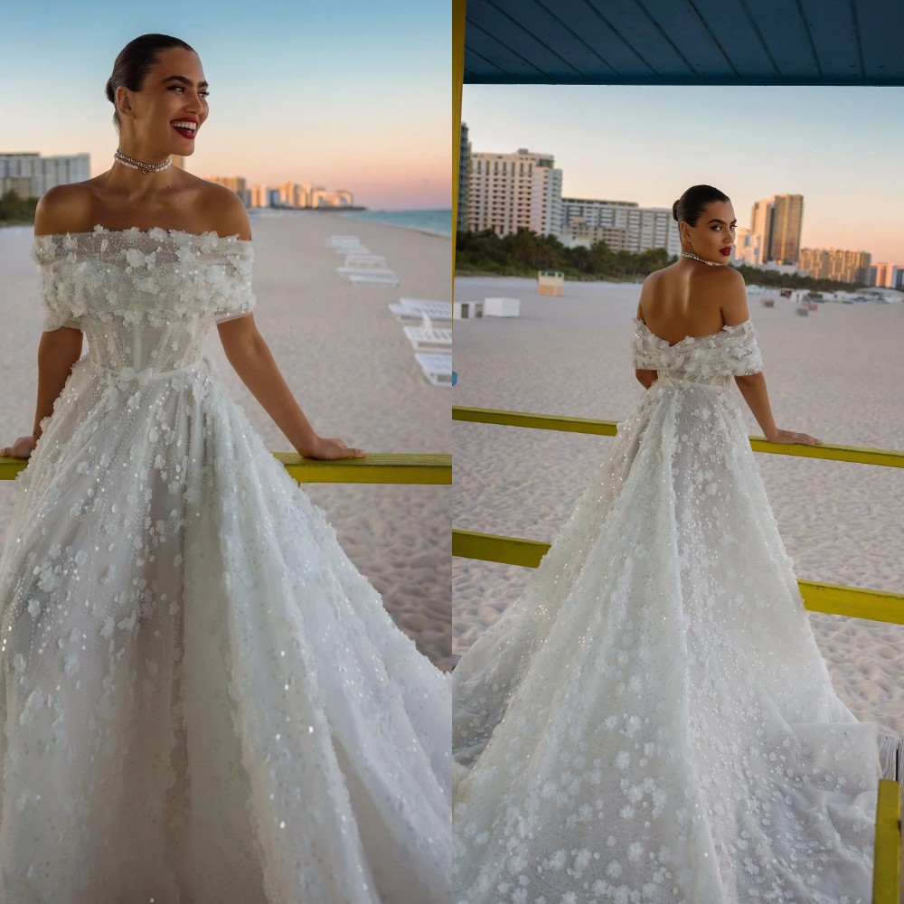 Designer A Line Women Wedding Dress Off Shoulder Sleeveless Bridal Gowns Sequins Appliques Backless Sweep Train Dress Custom Made vestidos de novia
