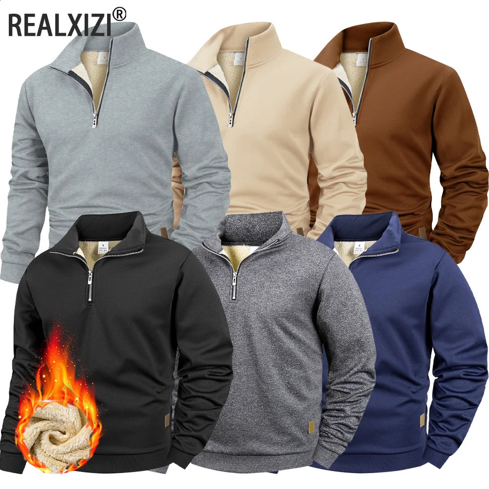 Winter Mens Warm Fleece Thicken Long Sleeve Pullover Solid Color Half Zipper Sweatshirt Knitted Sweater Streetwear Jacket Top 251129