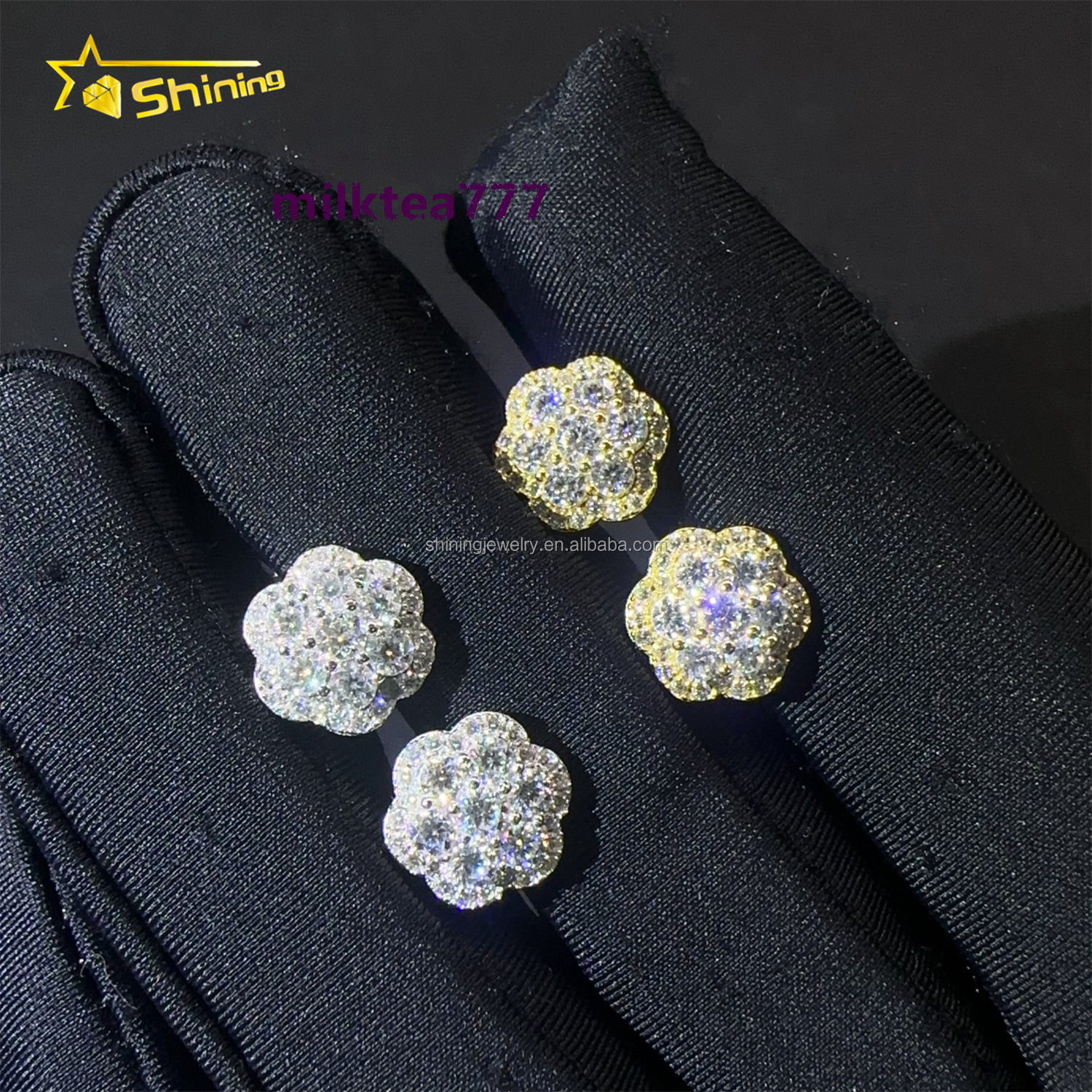 Drop Shipping Bulk Stock GRA VVS1 Moissanite Iced Out 925 Silver Fashion Flower Shape Cluster Stud Earrings Screw Back
