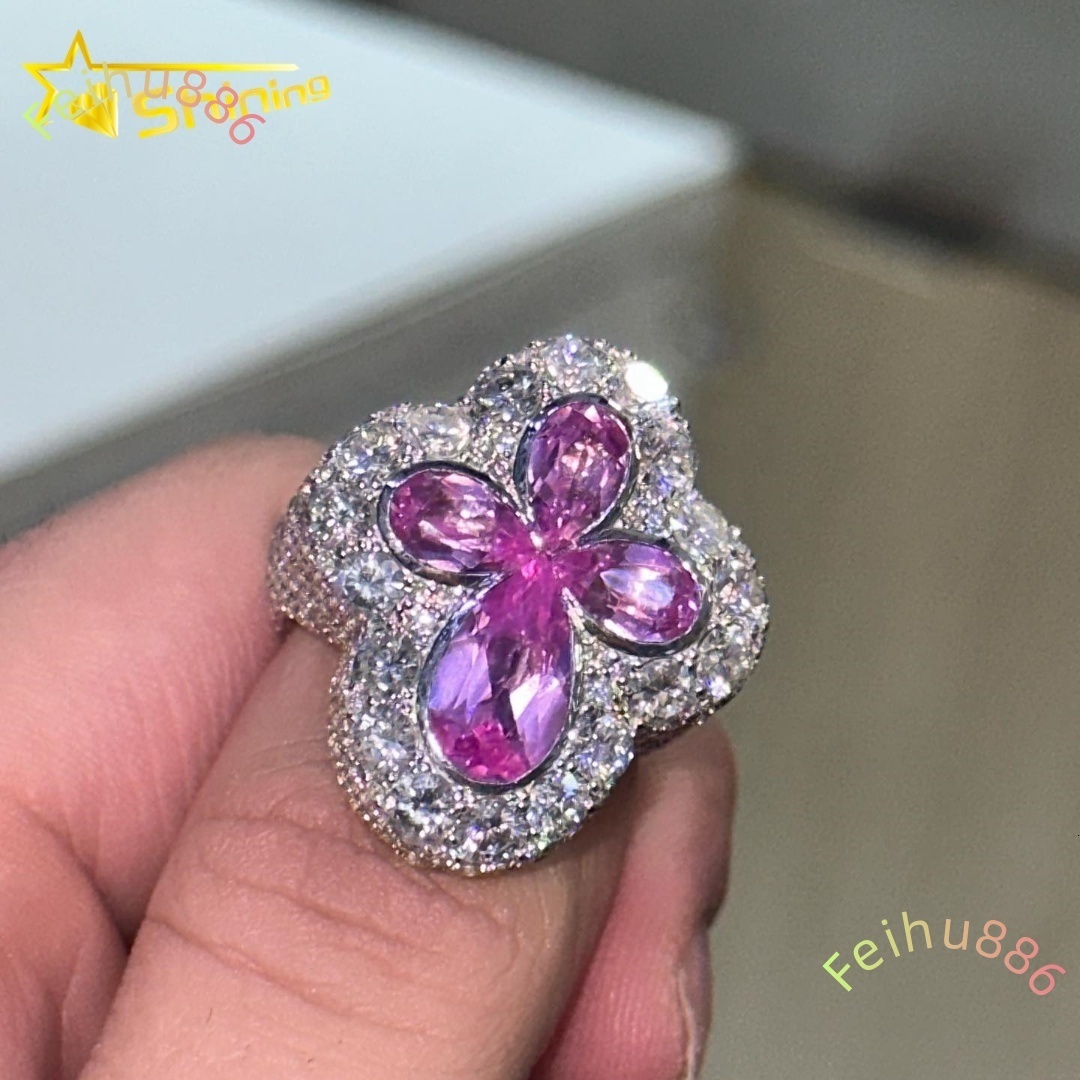Custom New Arrivals Hip Hop Jewelry Colorful Ring 925 Sterling Silver VVS Pink Moissnite Diamond Clover Style Ring for Men Women