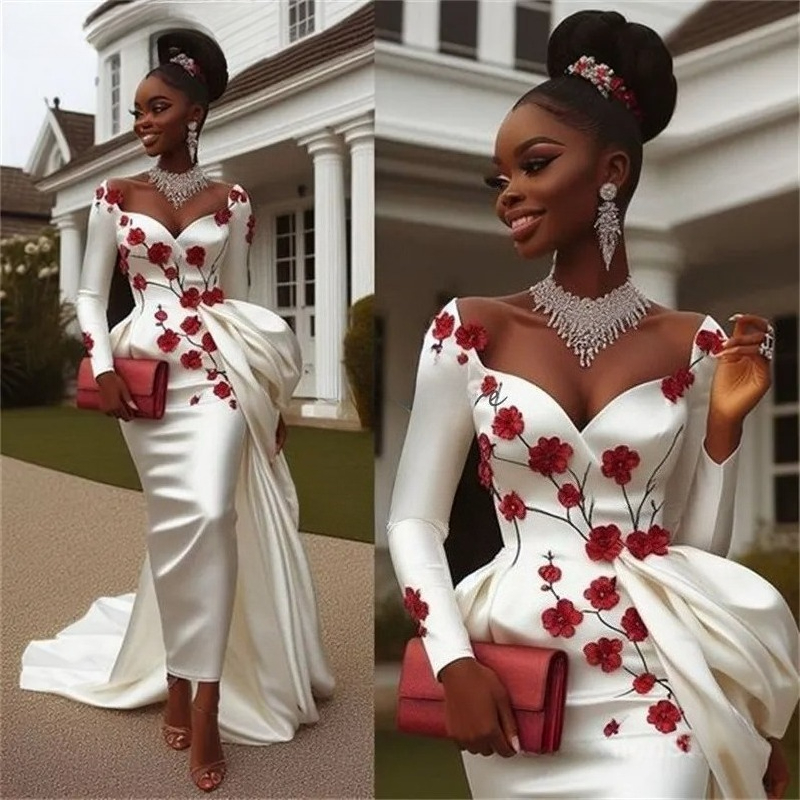 Amazing Aso Ebi Mermaid Wedding Dresses With Overskirt Train Off Shoulders Long Sleeve Silk Satin Flowers Country Civil Bridal Gowns African Boho Gr
