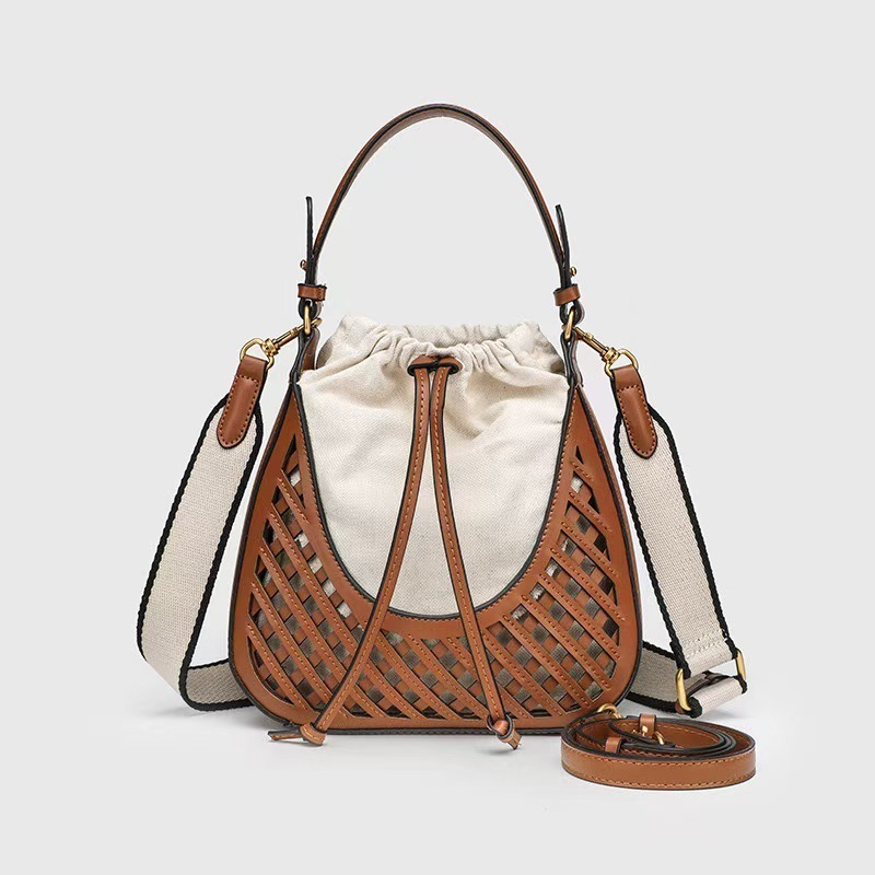 Douxlihm free shipping new designer bag Women's Bag 2025 Model Dark Brown Yellow Woven Hollow Handbag Bucket Bag Single Shoulder Crossbody Bag