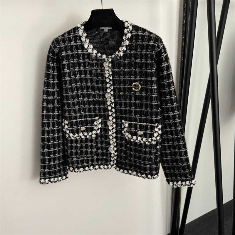 Plaid Pattern designer jackets womens Lurex Blend Tweed Knit Cardigan Long Sleeves round neckline Vintage coat Daily Outfit