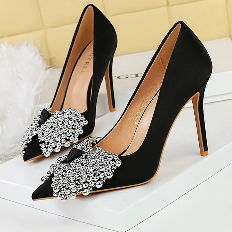 BIGTREE Shoes Women Pumps bowknot high heels silks satins shoe upper Women Heels stilettos pointed end Women shoes 251209