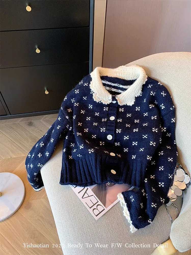 Autumn Winter Office Lady Navy Cardigans Turn-Down Collar Cozy Crochet Sweater Knitted Outerwear Print Preppy Style Gothic Y2K Z251211