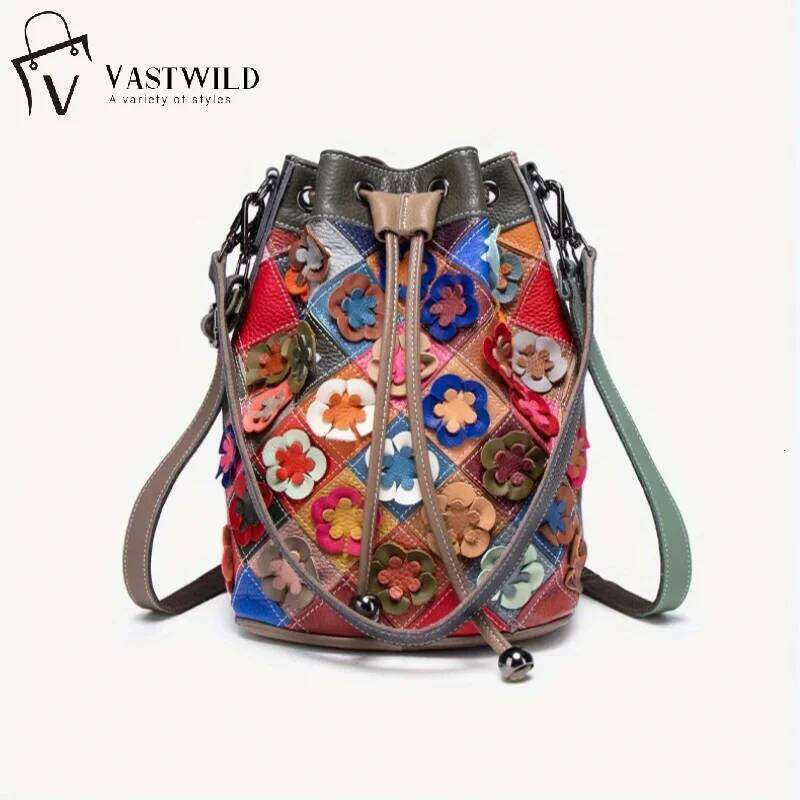 First Layer Cowhide Niche Trend Versatile Colorful Bucket Bag, Genuine Leather Handmade Splicing Flower Women's Crossbody Bag