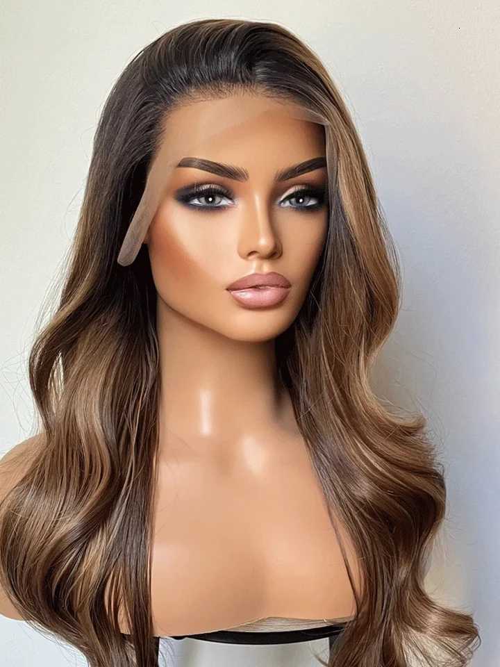Heat Safe Synthetic Lace Front Wig With Black Roots and Bronzy Blonde Highlights 24 Inches Bouncy Wavy Wig For Women Realistic M251211-image-1088061898