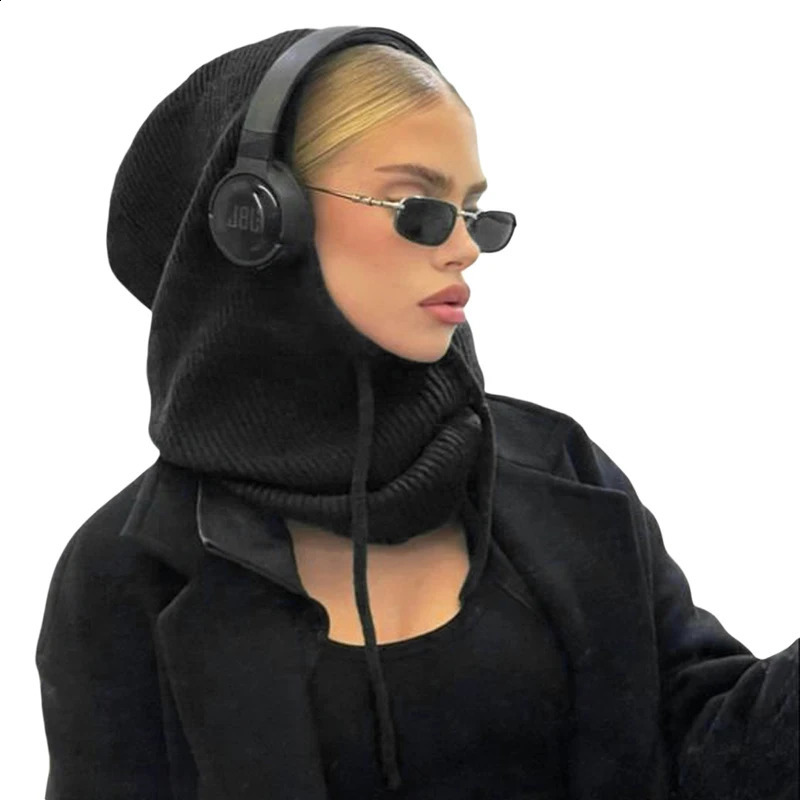 Women Hooded Scarf Hats Solid Color Knitted Pullover Drawstring Balaclava Winter Warm Hat Beanie Cap 251204