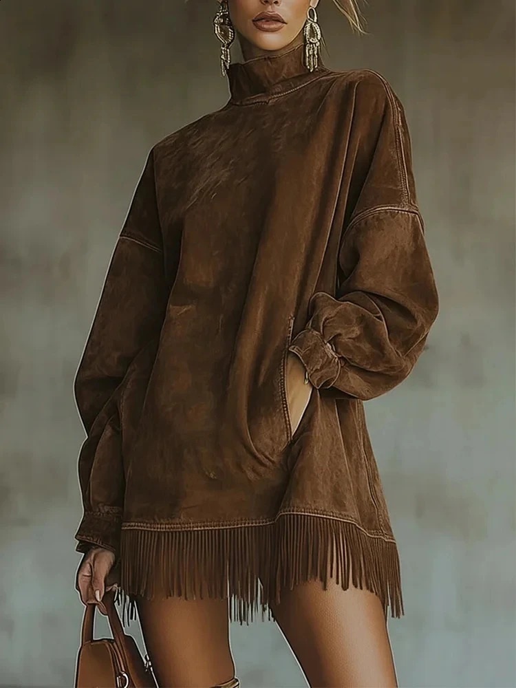 Fashion Retro Suede Tassel Mini Dress High Neck Long Sleeve Pockets Fringe Hem Dress Army Green Brown Autumn Party Dress 251205