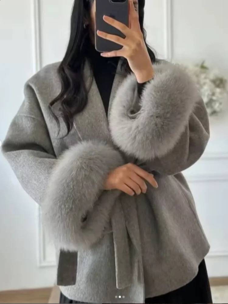Elegant Lace Up Woolen Short Coat Solid Loose Lapel Furry Belt Long Sleeve Female Jacket Autumn Winter Lady Chic Cardigan 251210
